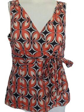 ANN TAYLOR Top, 8, Floral, Orange/Blue, Sleeveless, V-neck, Side Zip, Self tie